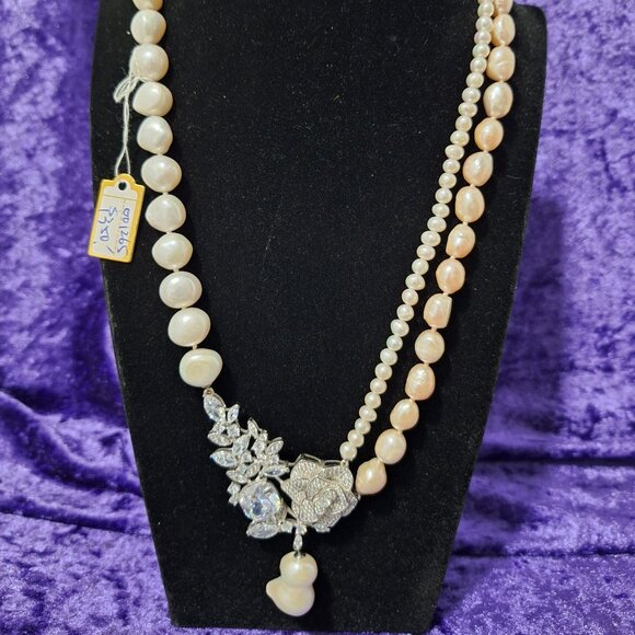 “Blush Reverie” Handmade Pearl Necklace Set – Pink Luster & Rose Rhinestone Cent - Picture 1 of 6